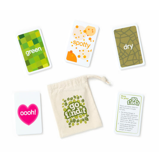 gofindit card game with 4 example cards and the rules card on a white background