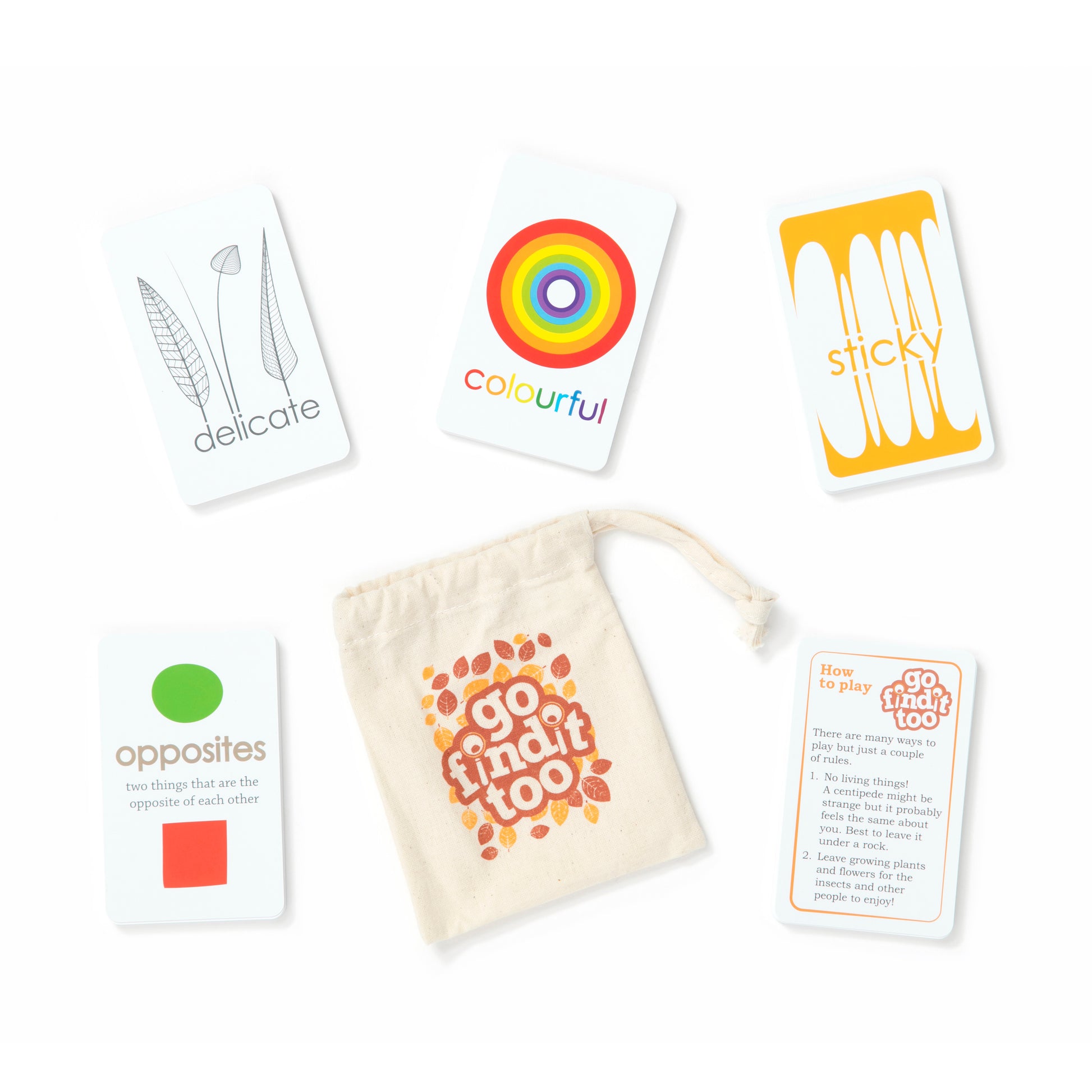 gofindit too card game and 4 example cards and a rules card on a white background